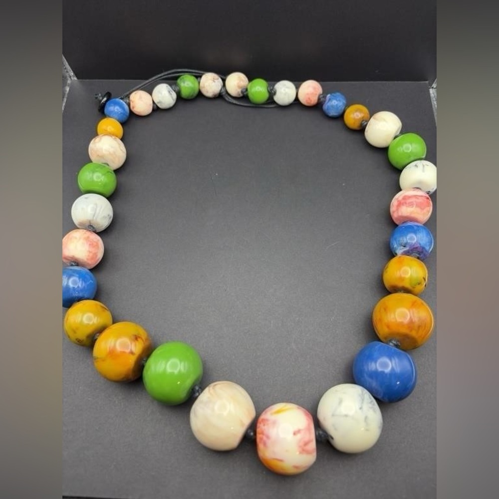Vintage Chunky Beaded Necklace Extra Large Graduated Marbled Multicolor Beads